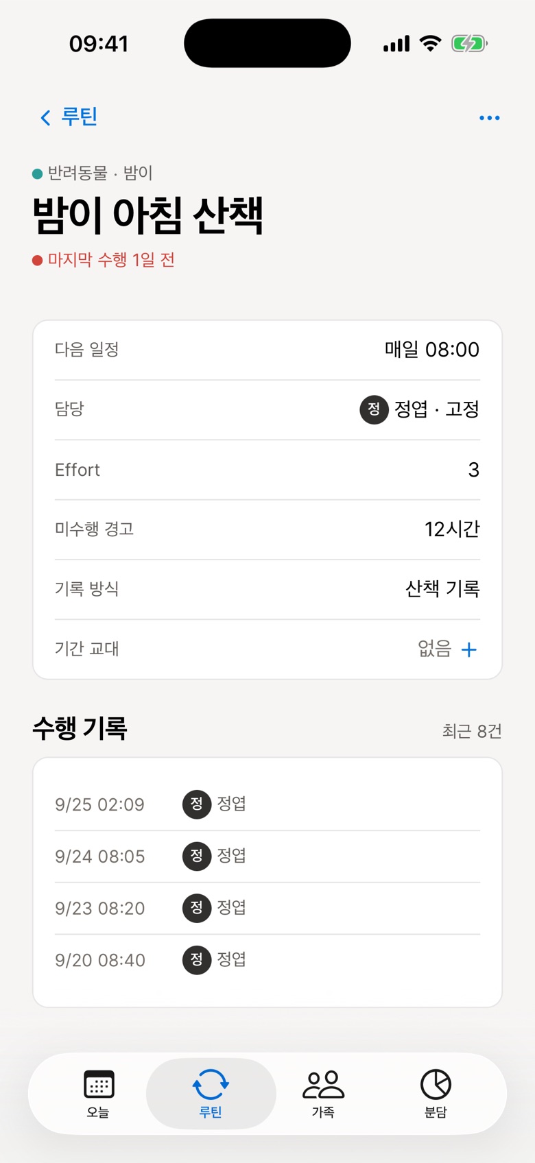 루틴 상세 — 다음 일정, 담당, 미수행 경고, 수행 기록